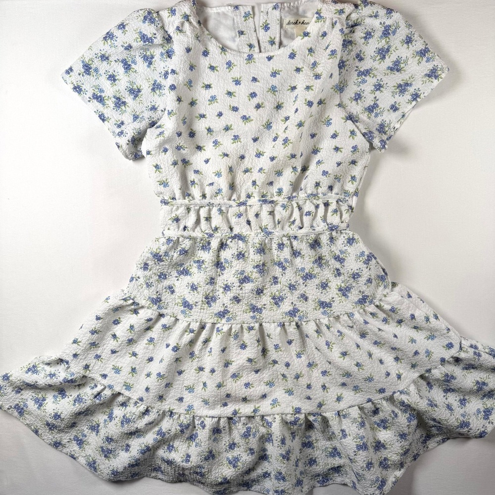 Derek Heart Girls' Dress, Size 12, White with Blue Floral Print, Ruffle Tiered